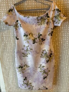 Calvin Klein Lavender Floral Off-Shoulder Mini Dress with Olive Accents